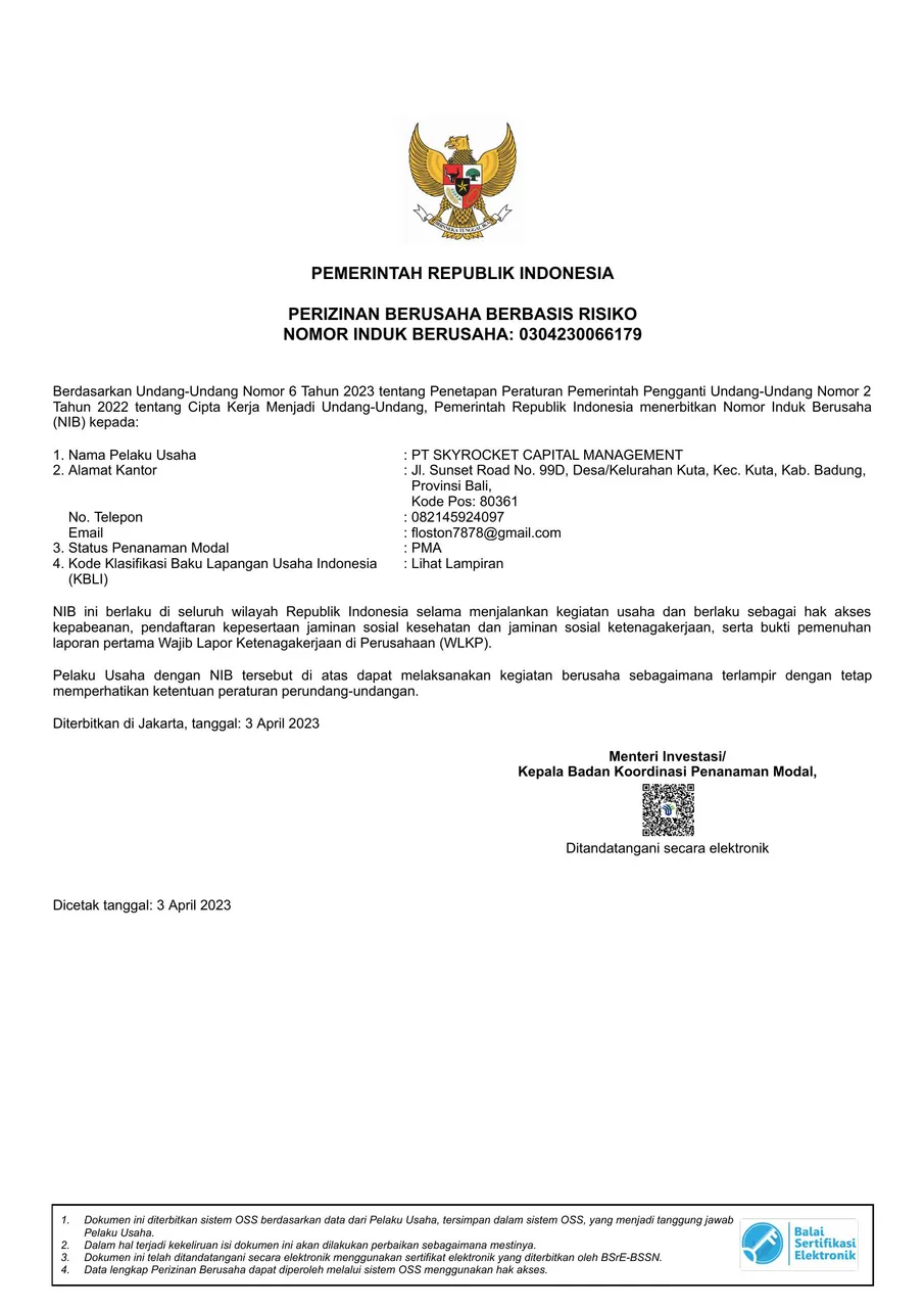 Business License (NIB) — PT Skyrocket Capital Management