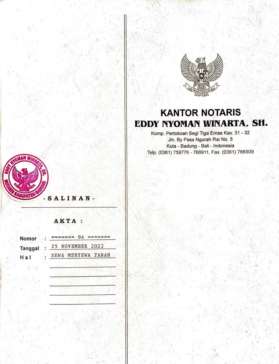 Land Lease Agreement No. 94 — Sky Garden 1